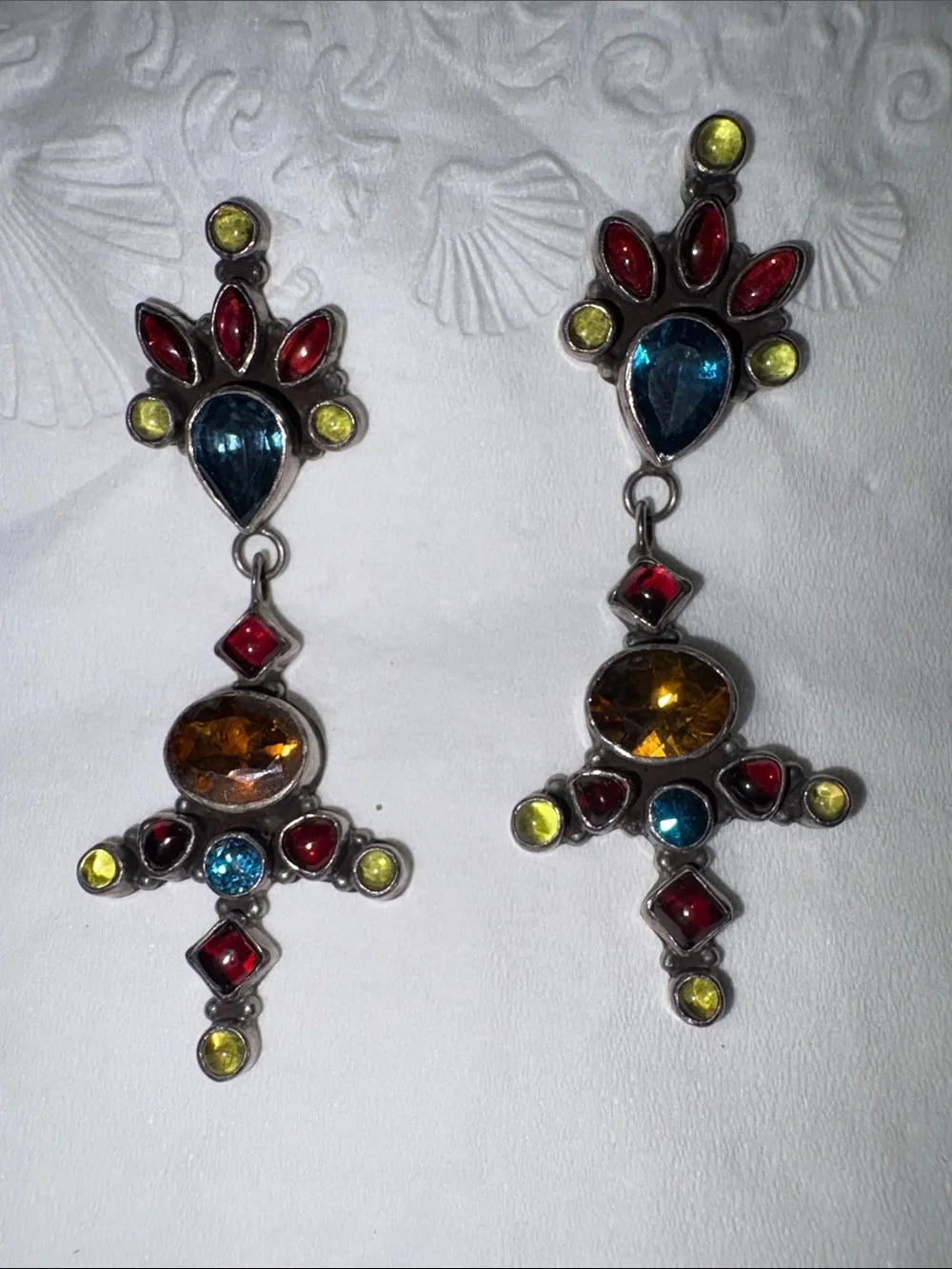 Multicolor 925 sterling Gemstone Drop Earrings - Vibrant Red, Blue & Yellow
